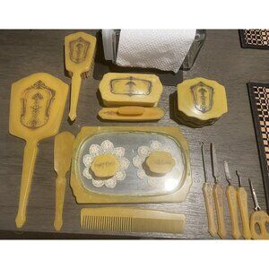 Vintage Yellow Celluloid Vanity Dresser Set With Mirror Brush Comb Nail Tools Po